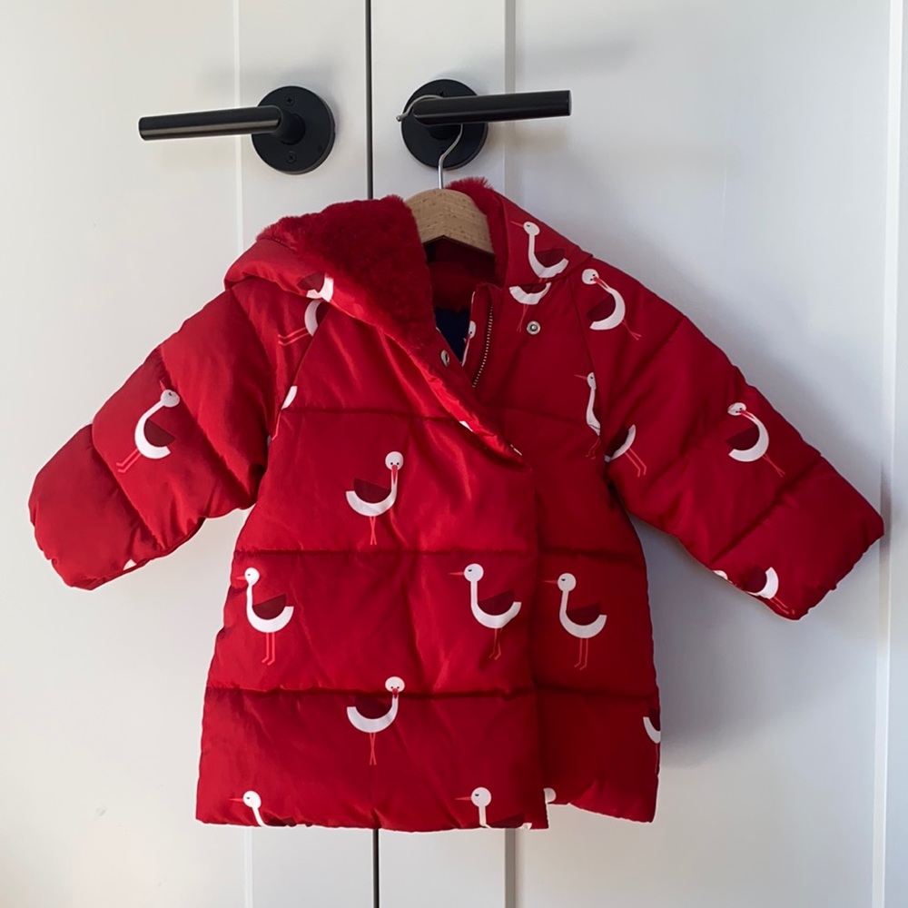 Jacadi Red Puffer Jacket with White Bird Print